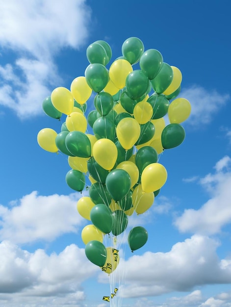 Een gele en groene ballon met de woorden "geel" op de bodem.