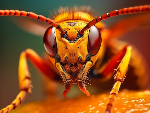 Een gele en oranje kever met een rood gezicht en een blauw oog.