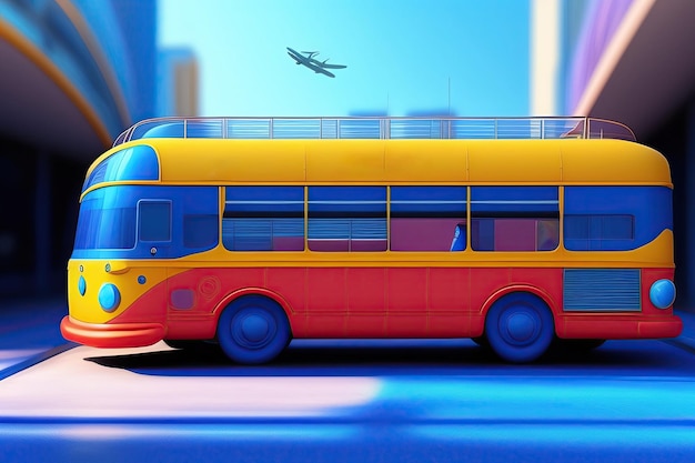 Een gele en rode bus met het woord "bus" op de top.