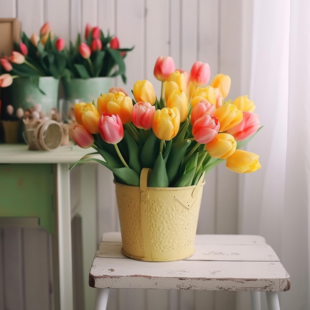 Een gele en rode tulpen in een gele emmer op een houten tafel.