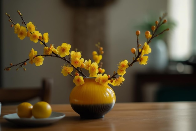 Een gele en zwarte vaas met gele bloemen op een tafel.