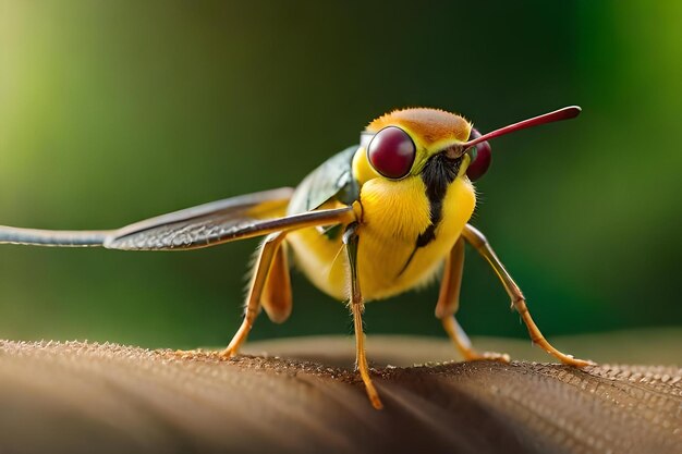 Een gele en zwarte vlieg met een rood oog staat op een groene achtergrond.