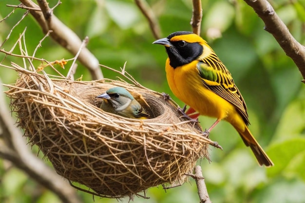 een gele en zwarte vogel kijkt naar een baby vogel