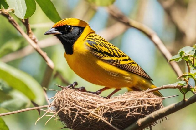 een gele en zwarte vogel met een geel hoofd en een zwarte snavel die zegt quote de naam quote aan de zijkant