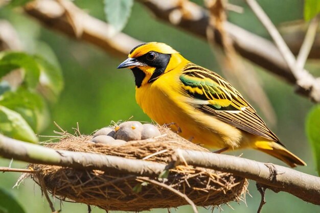 een gele en zwarte vogel met een geel hoofd en een zwarte snavel