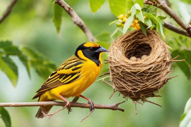 een gele en zwarte vogel met een nest op de achtergrond