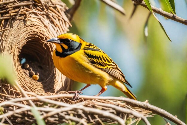 een gele en zwarte vogel zit op een nest