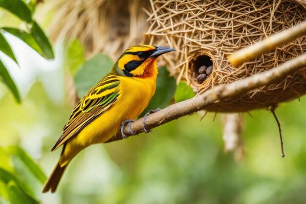 een gele en zwarte vogel zit op een tak met zijn snavel open