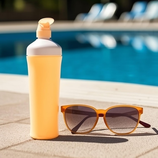 Een gele fles met een witte dop naast een zonnebril.