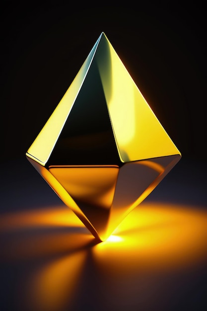 Een gele glazen kubus met een gele diamant in het midden.