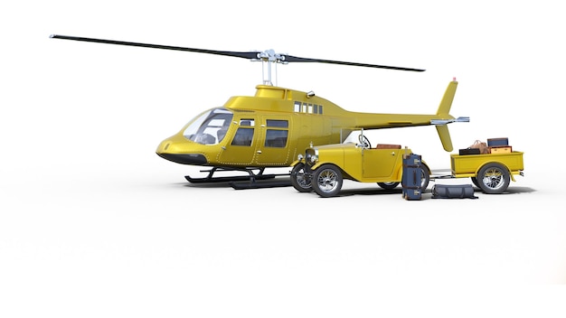 Een gele helikopter met een aanhanger en een kleine auto aan de zijkant.