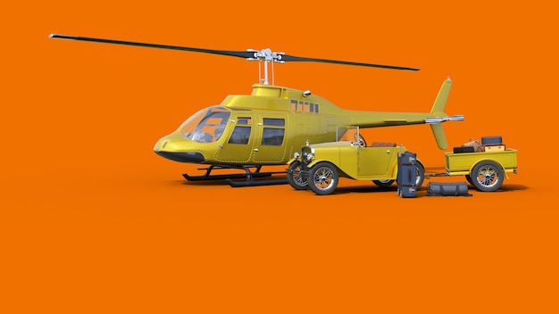 Een gele helikopter met het woord tj op de zijkant.