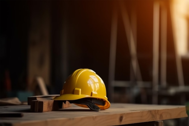 Een gele helm staat op een houten tafel met een houten blok op de achtergrond