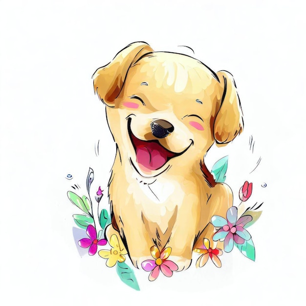 Een gele hond met een roze neus en een roze nose zit in een bloembed.