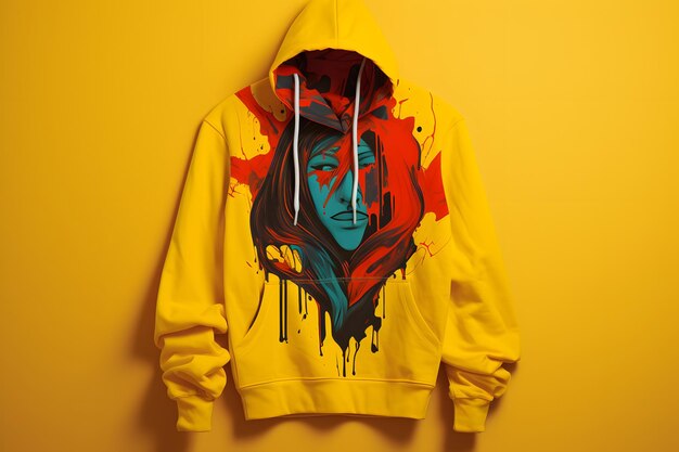 Foto een gele hoodie met een rood gezicht erop