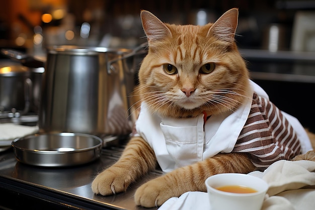 Een gele kat met een koksschort liggend op een metalen aanrecht in de keuken van een restaurant