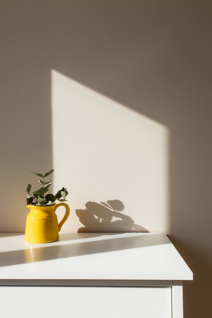 Een gele keramische kruik of vaas met eucalyptustakken, lege witte fotolijsten op de witte tafel in het interieur met beige muren bij raam.