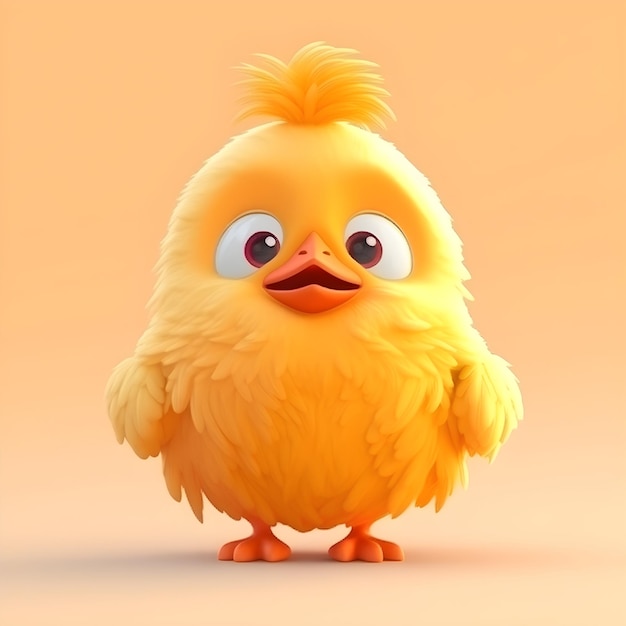 Een gele kip met een grote oranje snavel en een grote oranje neus.