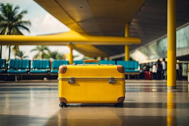 Een gele koffer op de luchthaven is een reis in een warm zomerklimaat een vakantie tour een lege hal zonder mensen kopieer ruimte mock-up gegenereerd door AI