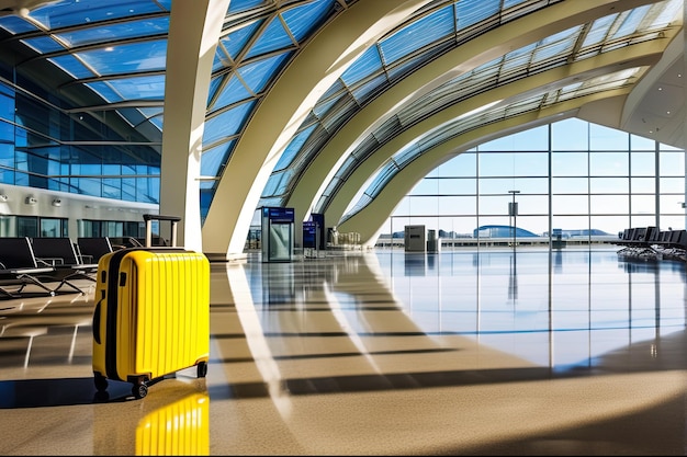 Een gele koffer op de luchthaven is een reis in een warm zomerklimaat een vakantie tour een lege hal zonder mensen kopieer ruimte mock-up gegenereerd door AI