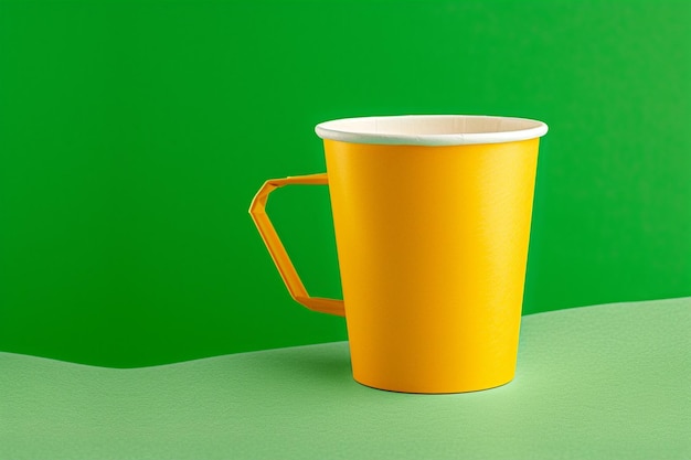 een gele koffiekop zit op een groene tafel