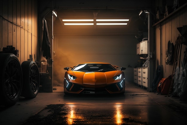 Een gele lamborghini staat geparkeerd in een garage met de lichten aan.