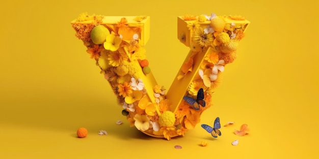 Een gele letter v met bloemen en vlinders erop.