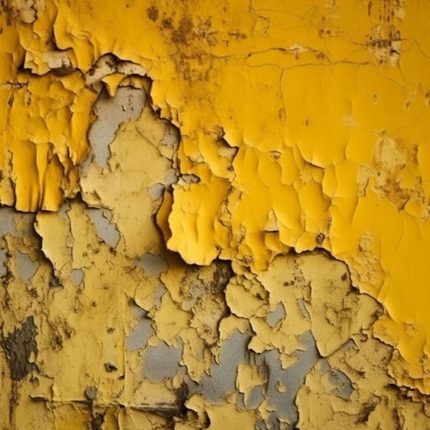 Een gele muur met afbladderende verf en een donkere achtergrond.