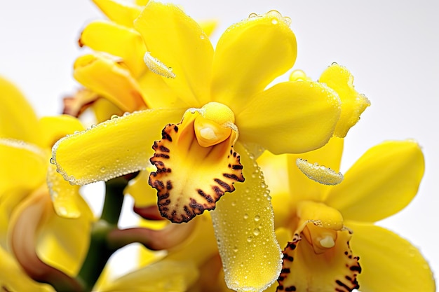 Een gele orchidee met waterdruppels erop