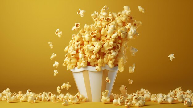 Een gele popcornemmer vol met popcorn tegen een felgele achtergrond