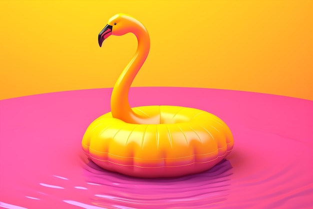 Een gele praalwagen met een roze achtergrond en een flamingo erop.