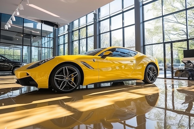 Een gele premium sportwagen in een moderne showroom met enorme ramen