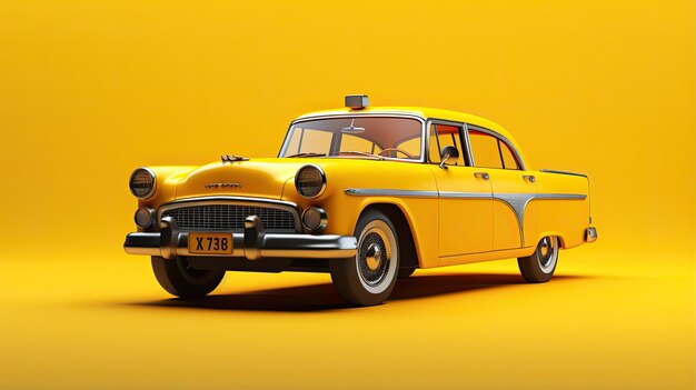 Foto een gele retro-taxi uit de jaren vijftig is geïsoleerd op een felgele achtergrond in een 3d-weergave