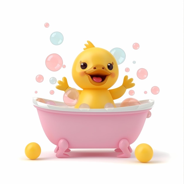 Foto een gele rubberen eend in een badkuip met bubbels op de achtergrond