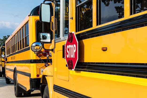 Een gele schoolbus met een stopbord aan de zijkant.