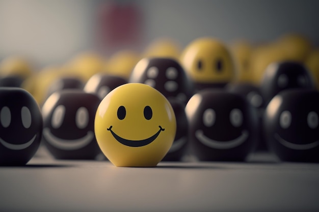 Een gele smileybal met een smiley in het midden van een groep zwart-witzwarte.