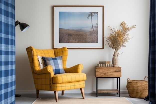 Een gele stoel in een woonkamer met een afbeelding van een veld en een houten tafel.