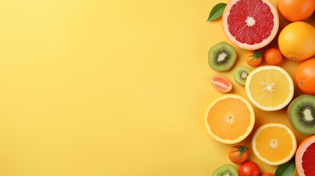 Een gele tafel met fruit en een citroen erop