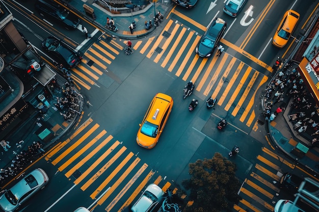 Een gele taxi rijdt door een stadsstraat die bekleed is met torenhoge gebouwen en creëert een bruisende stedelijke scène Een overhoopbeeld van een elektrische taxi in een drukke stad gegenereerd door AI