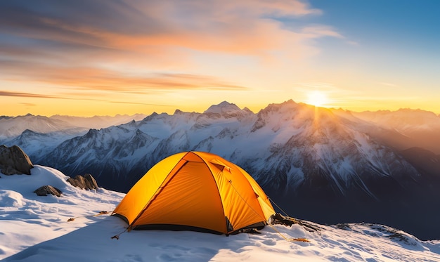 een gele tent op een besneeuwde berg