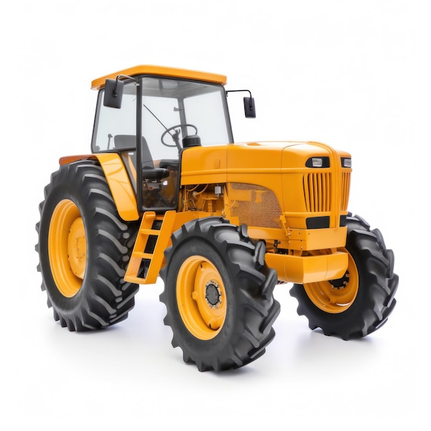 Een gele tractor met een zwart logo op de voorkant.
