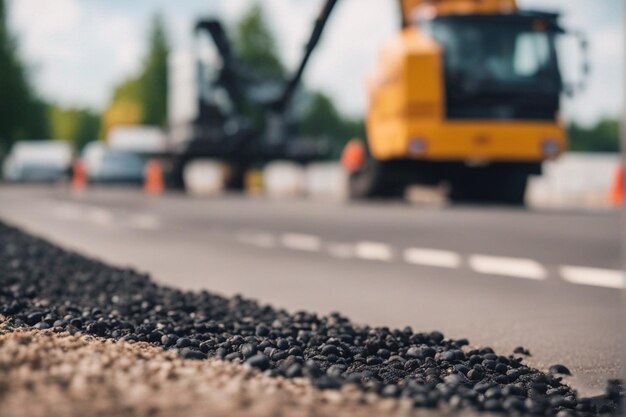 Foto een gele tractor rijdt op de weg.