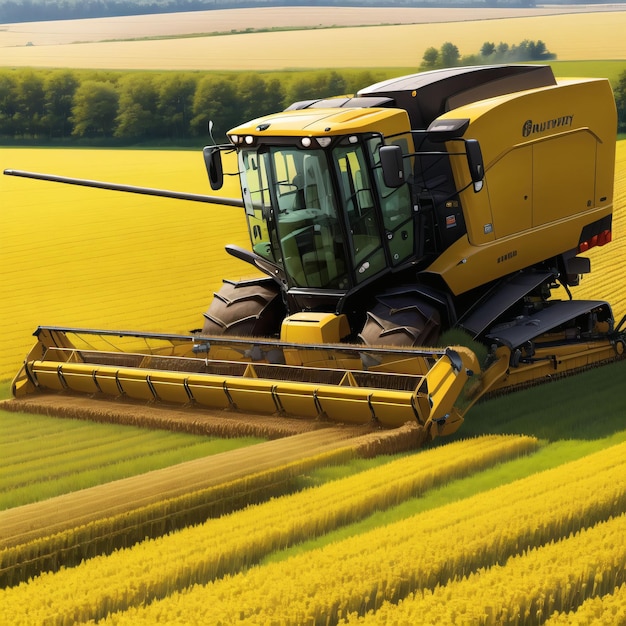 Een gele tractor staat in een veld