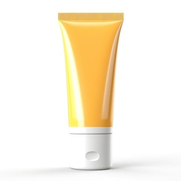 Een gele tube lotion staat op een witte achtergrond.