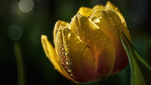 Een gele tulp met regendruppels