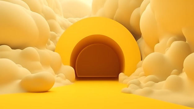 Een gele tunnel in een bos met wolken op de achtergrond