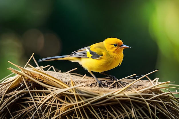 Een gele vogel zit op een nest.