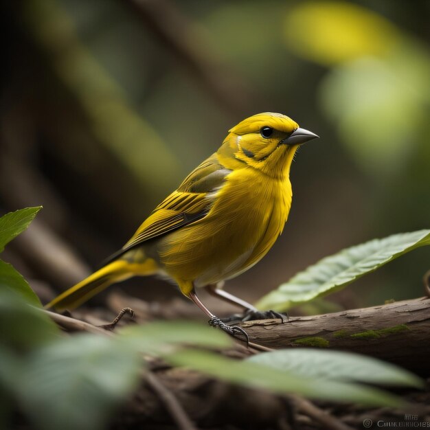 Een gele vogel zit op een tak met bladeren.