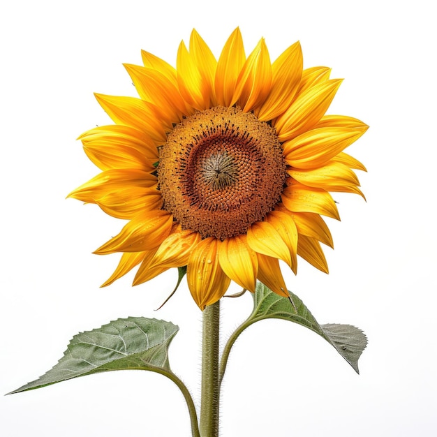 Een gele zonnebloem met een groene stengel en een groen blad.