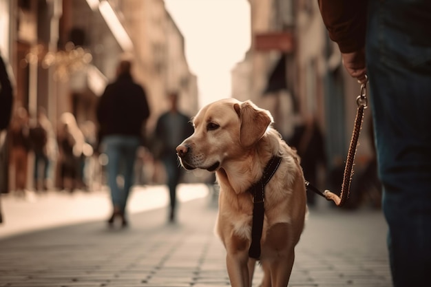 Een geleidehond loopt aangelijnd door een straat.